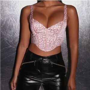 Oh Polly In An Uproar Leopard Print Satin Corset Crop Top in Blush